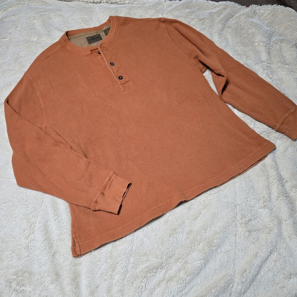 Waffle Knit Henley Shirt Long Sleeve Quarter Button St John Bay Burnt Orange, L